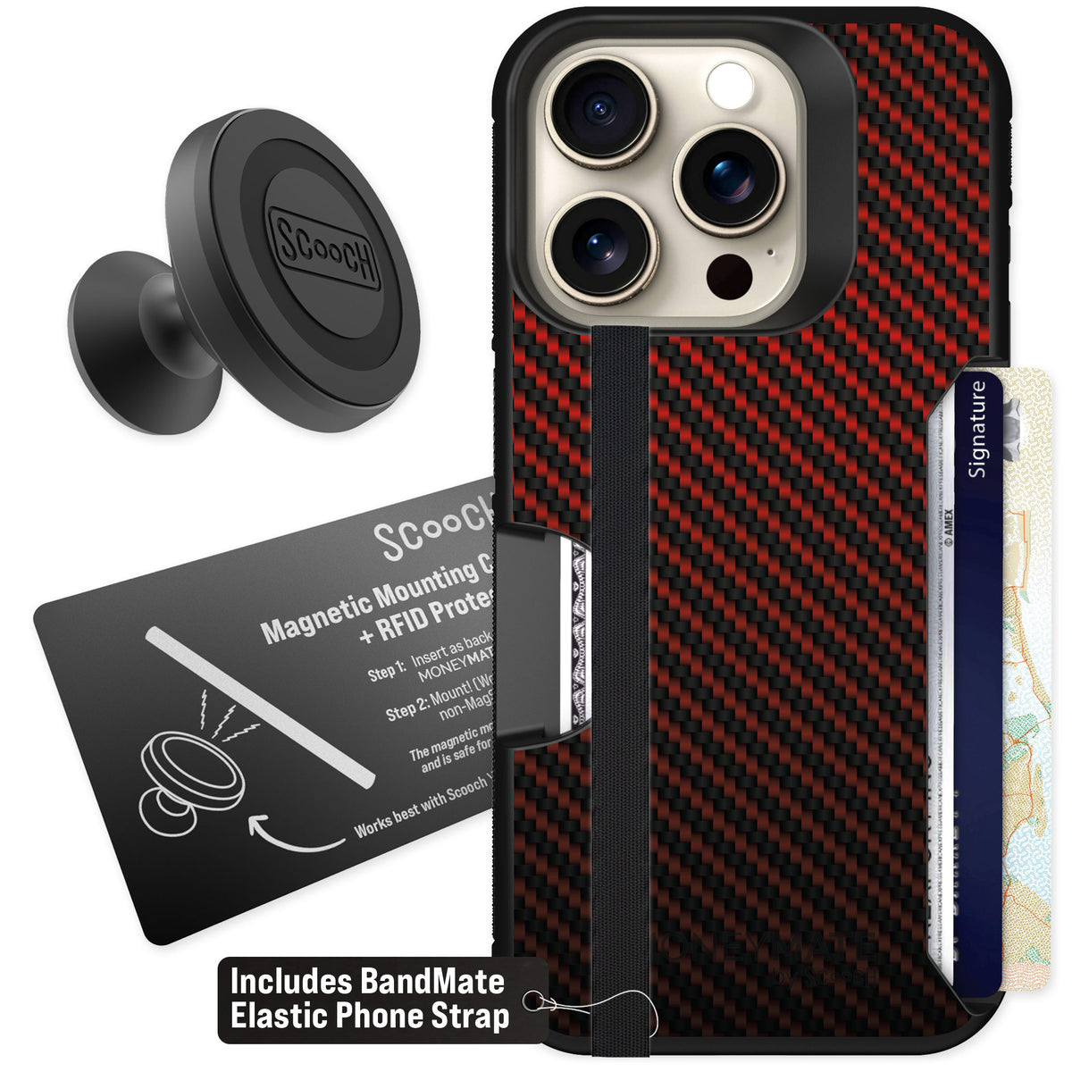 Scooch Moneymate Red Carbon Fiber for iPhone 15 Pro — Starter Bundle