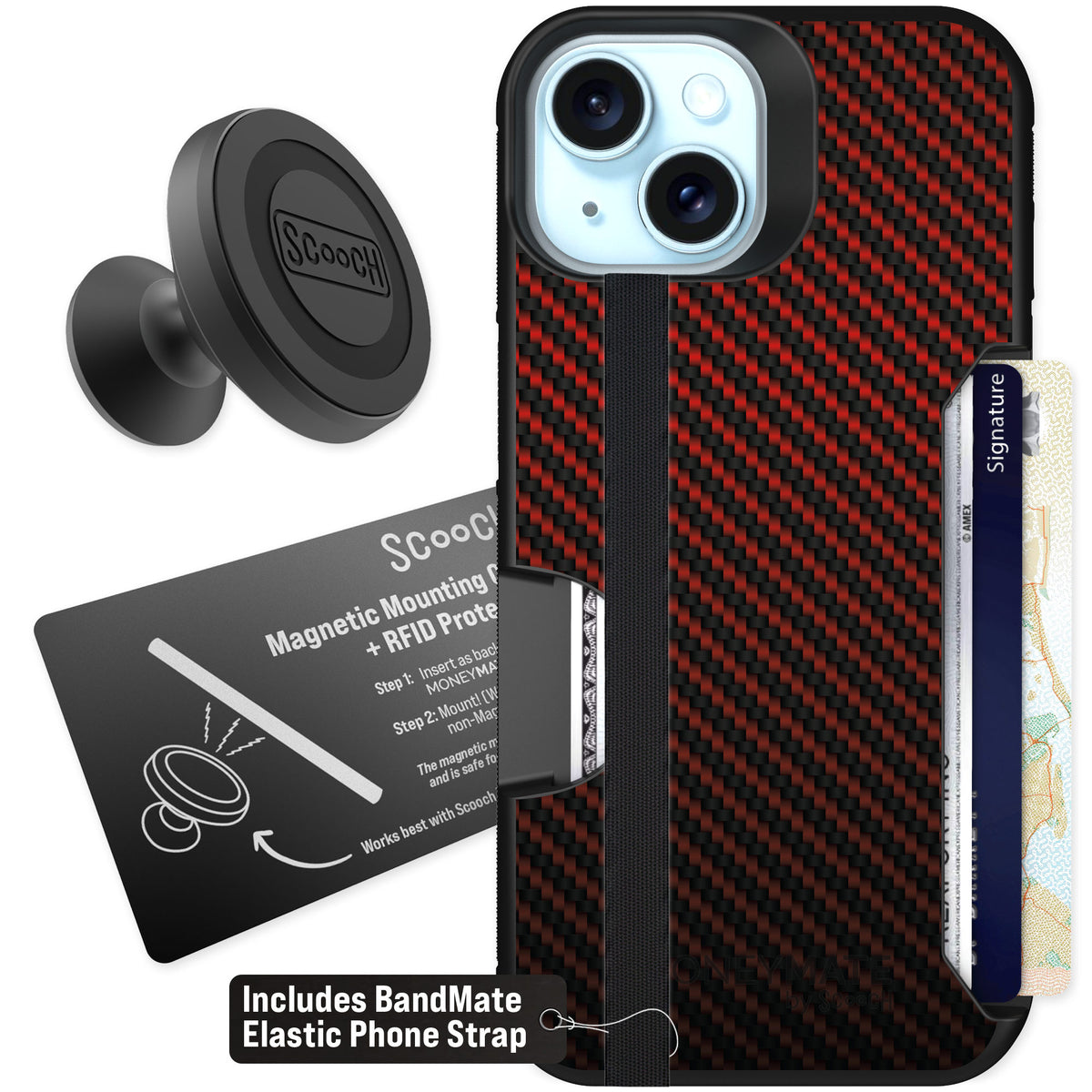 Scooch Moneymate Red Carbon Fiber for iPhone 15 — Starter Bundle