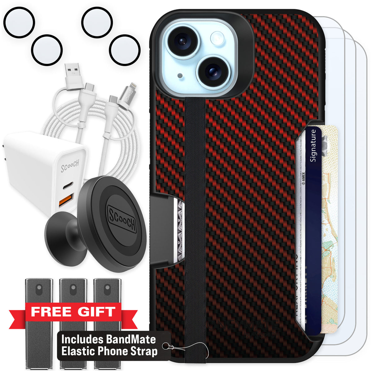 Scooch Moneymate Red Carbon Fiber for iPhone 15 — Ultimate Bundle