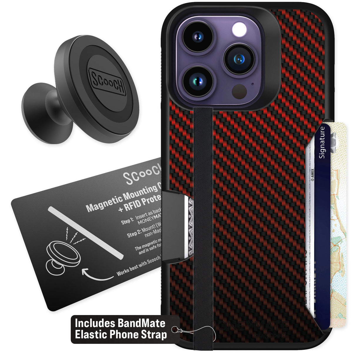 Scooch Moneymate Red Carbon Fiber for iPhone 14 Pro — Starter Bundle