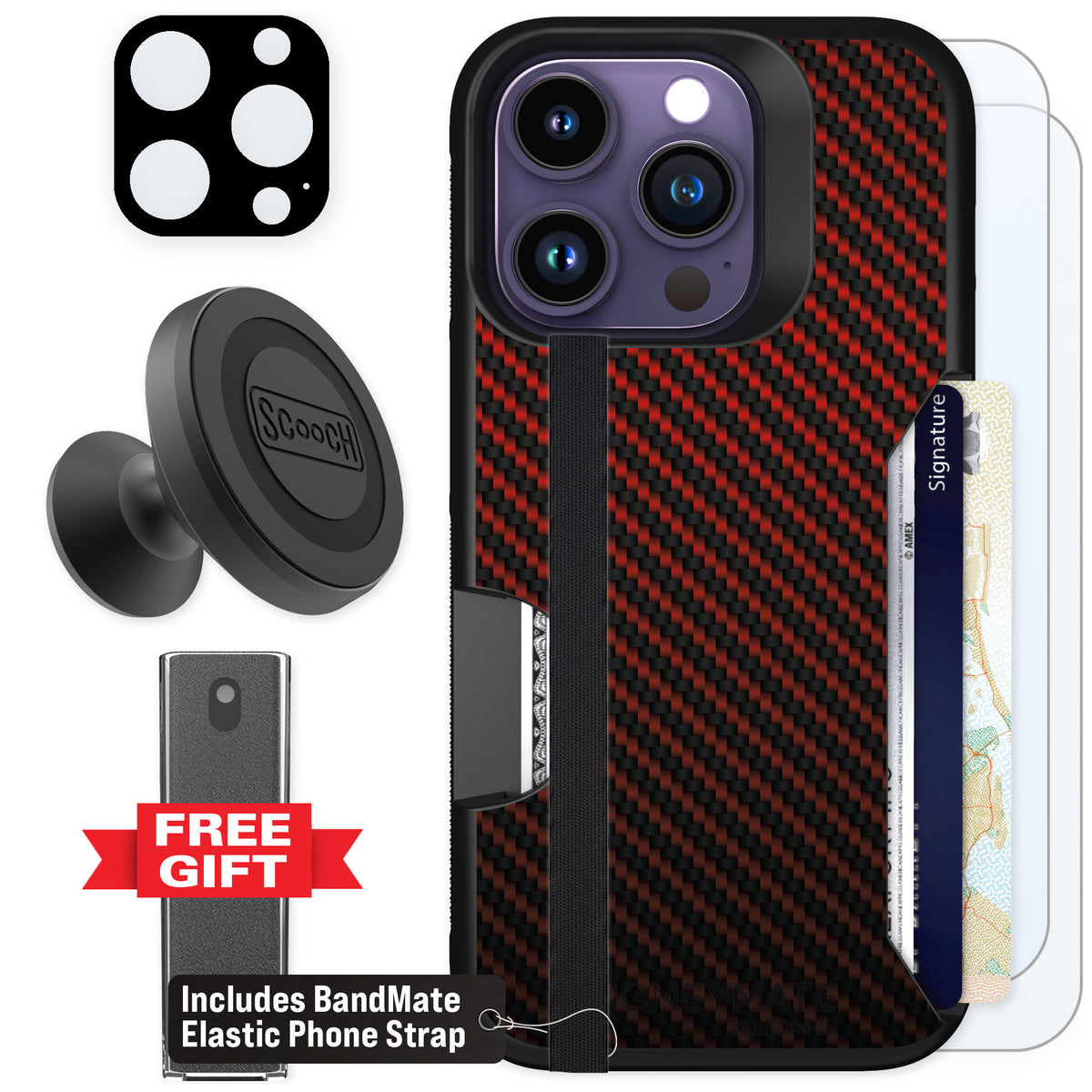 Scooch Moneymate Red Carbon Fiber for iPhone 14 Pro — Defender Bundle