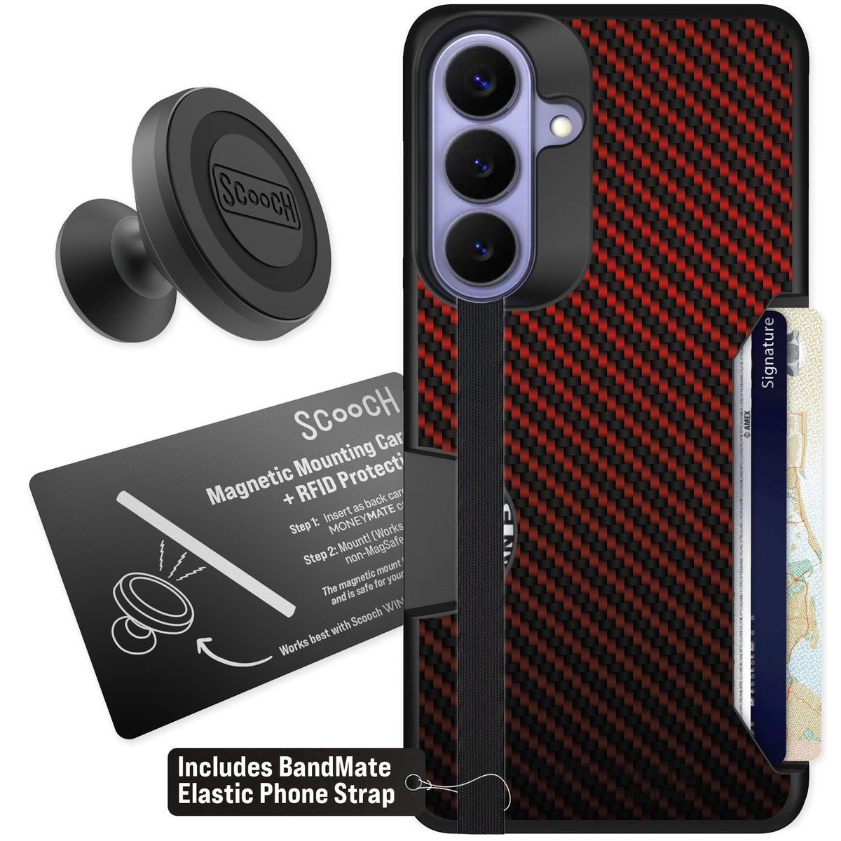 Scooch Moneymate Red Carbon Fiber for Galaxy S26+ — Starter Bundle