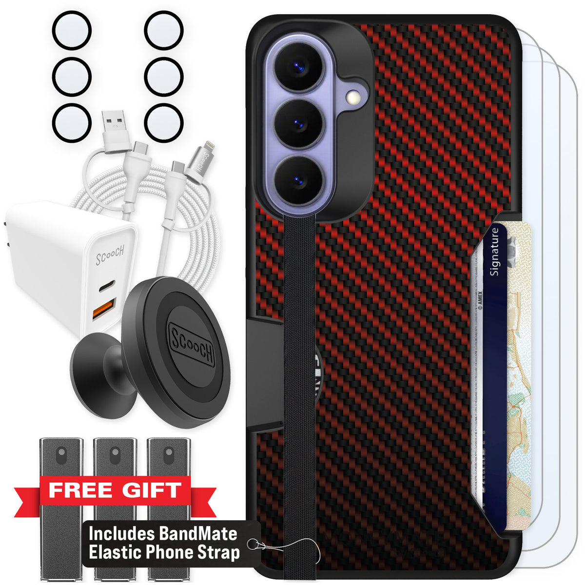 Scooch Moneymate Red Carbon Fiber for Galaxy S26+ — Ultimate Bundle