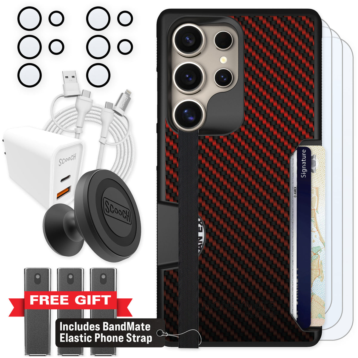 Scooch Moneymate Red Carbon Fiber for Galaxy S25 Ultra — Ultimate Bundle