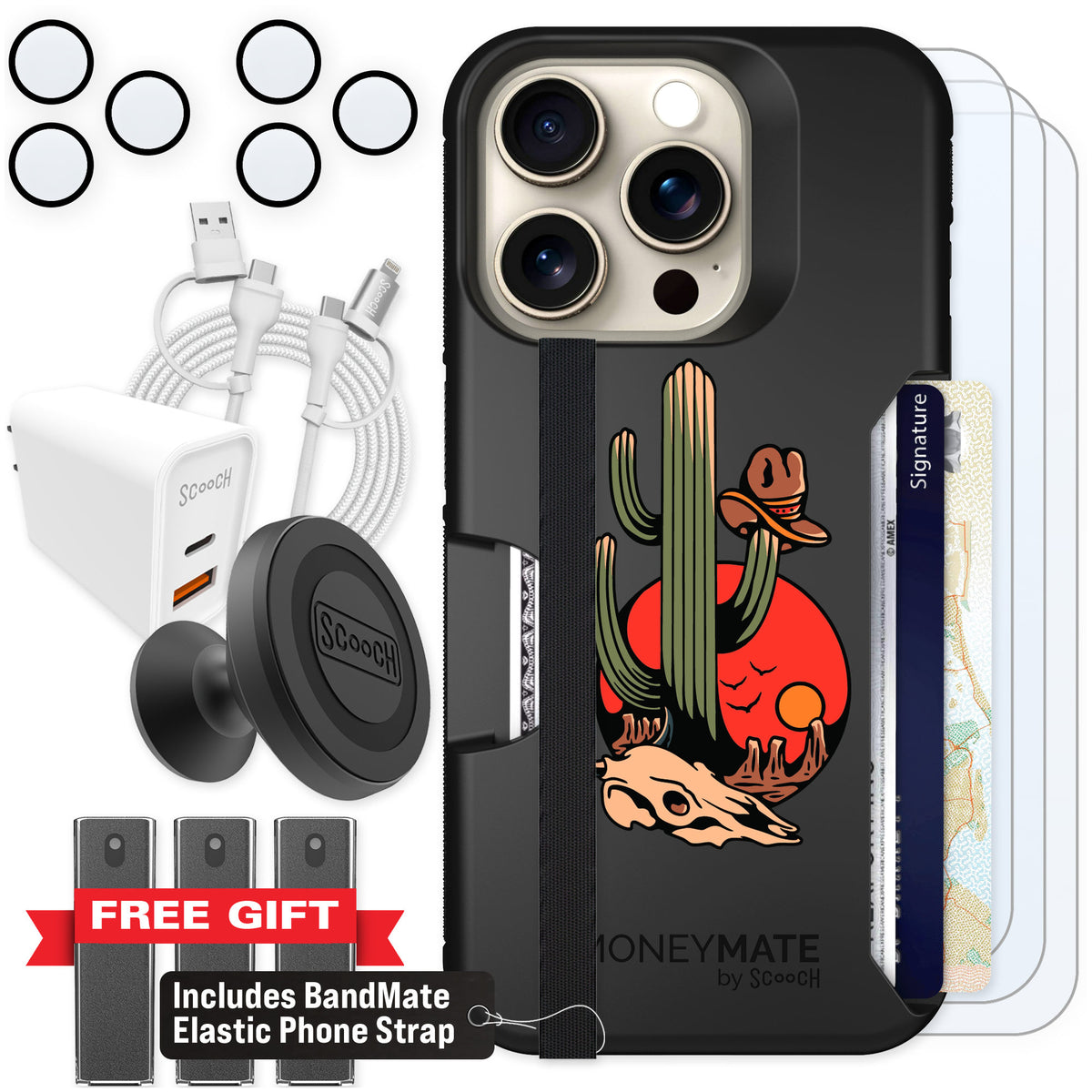 Scooch Moneymate Cactus Flash for iPhone 15 Pro — Ultimate Bundle