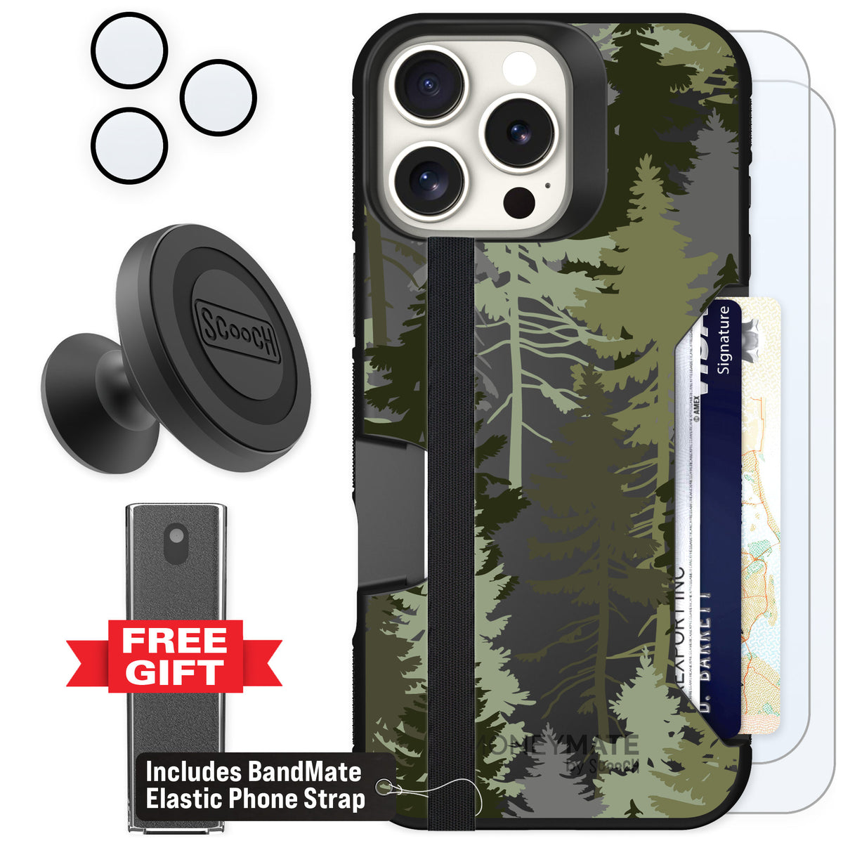 Scooch Moneymate Hidden Pines for iPhone 16 Pro Max — Defender Bundle