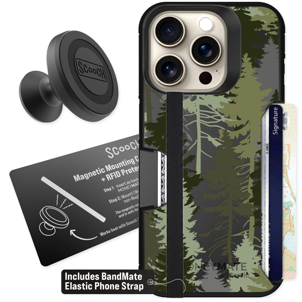 Scooch Moneymate Hidden Pines for iPhone 15 Pro — Starter Bundle
