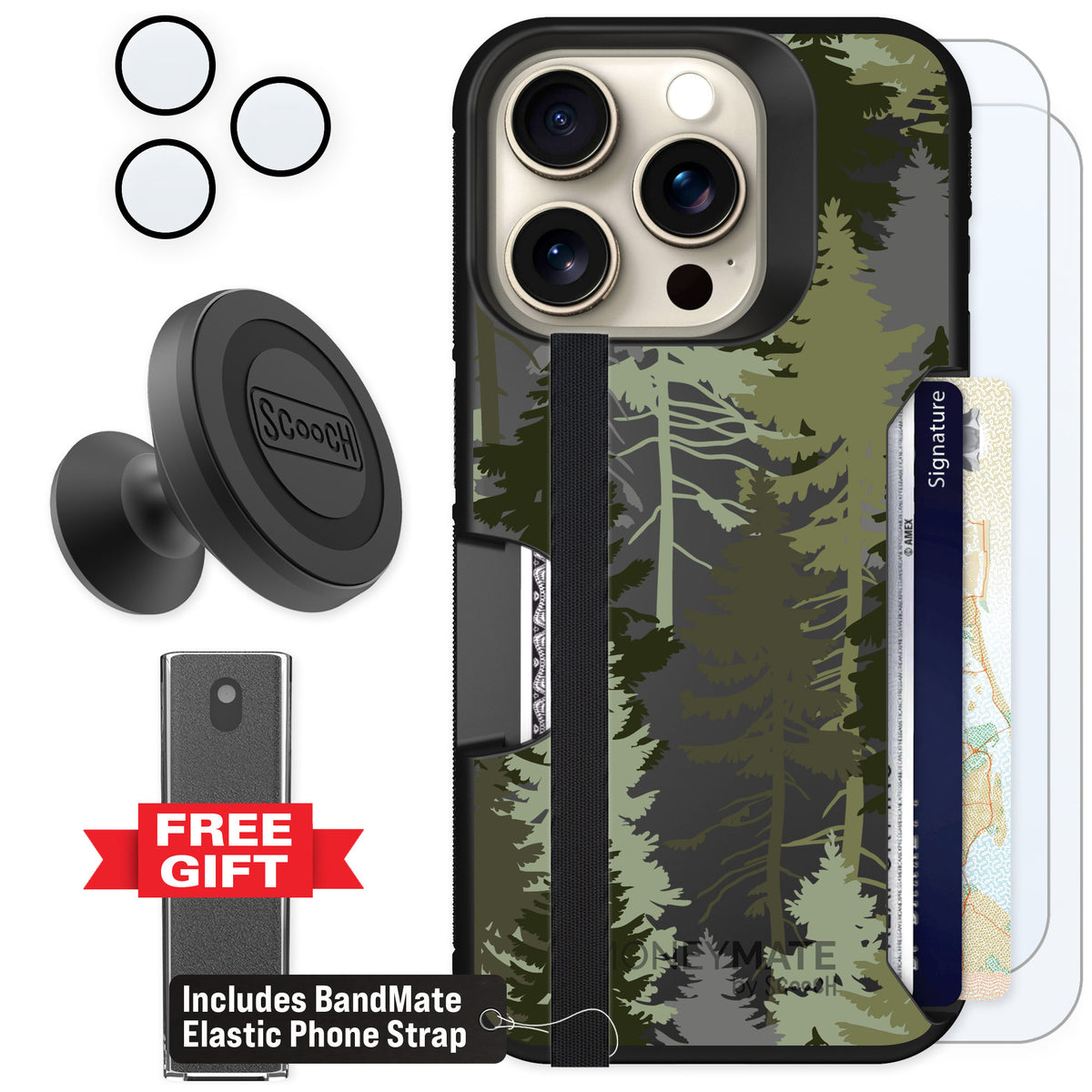 Scooch Moneymate Hidden Pines for iPhone 15 Pro — Defender Bundle