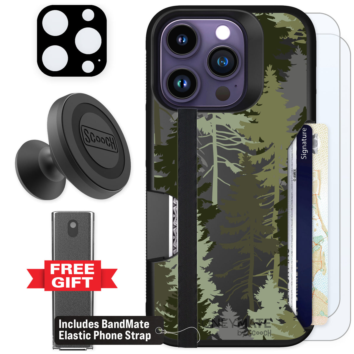 Scooch Moneymate Hidden Pines for iPhone 14 Pro — Defender Bundle