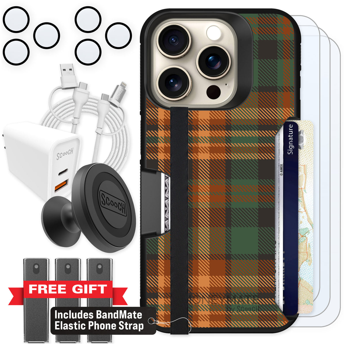 Scooch Moneymate Fall Flannel for iPhone 15 Pro — Ultimate Bundle