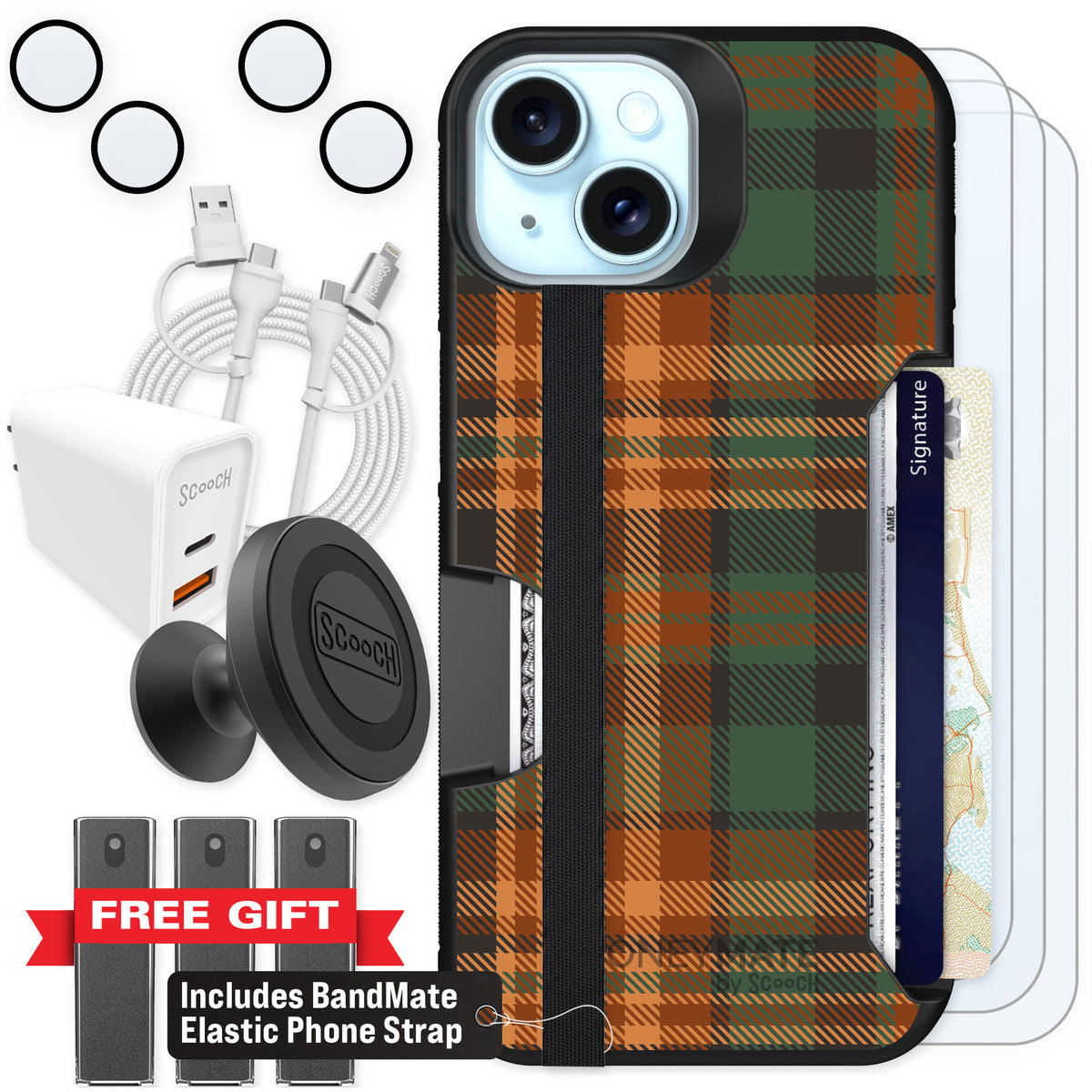 Scooch Moneymate Fall Flannel for iPhone 15 — Ultimate Bundle