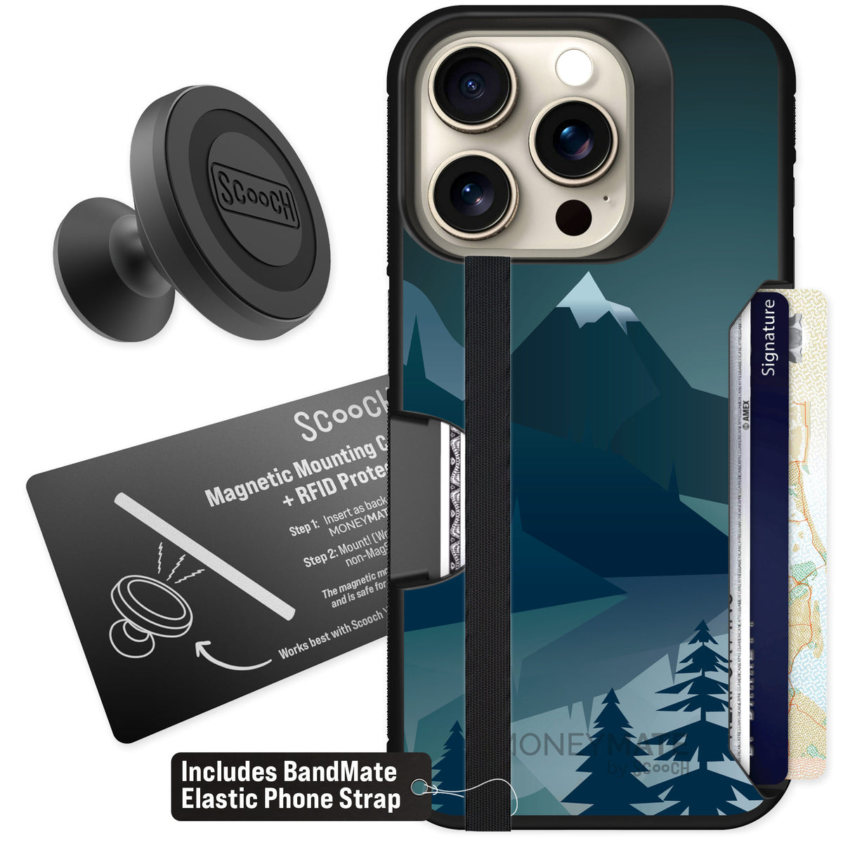 Scooch Moneymate Midnight Ridge for iPhone 15 Pro — Starter Bundle