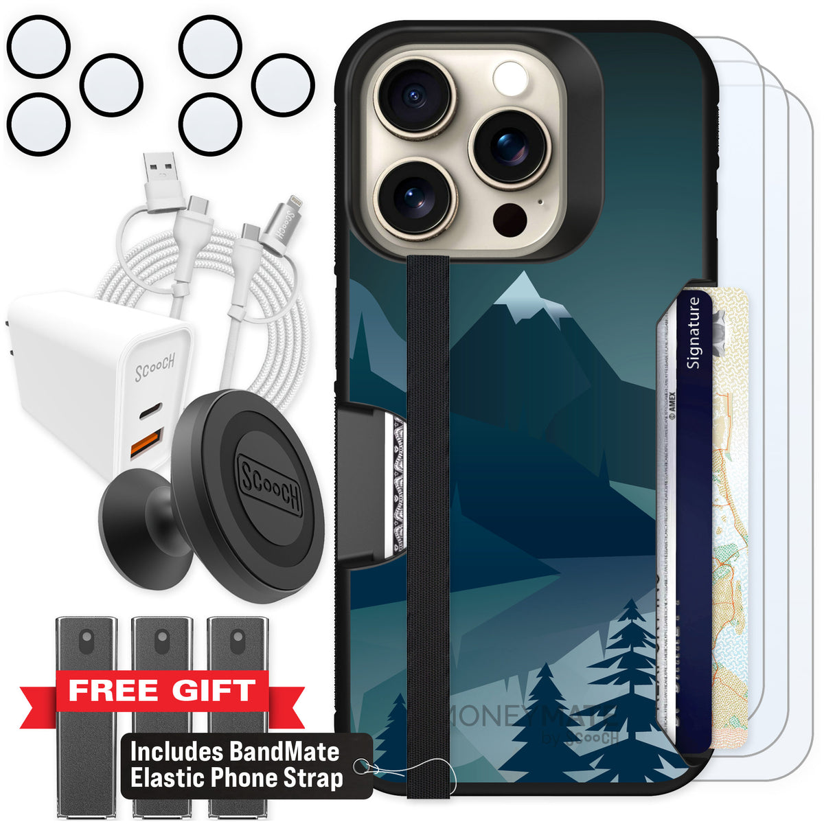 Scooch Moneymate Midnight Ridge for iPhone 15 Pro — Ultimate Bundle