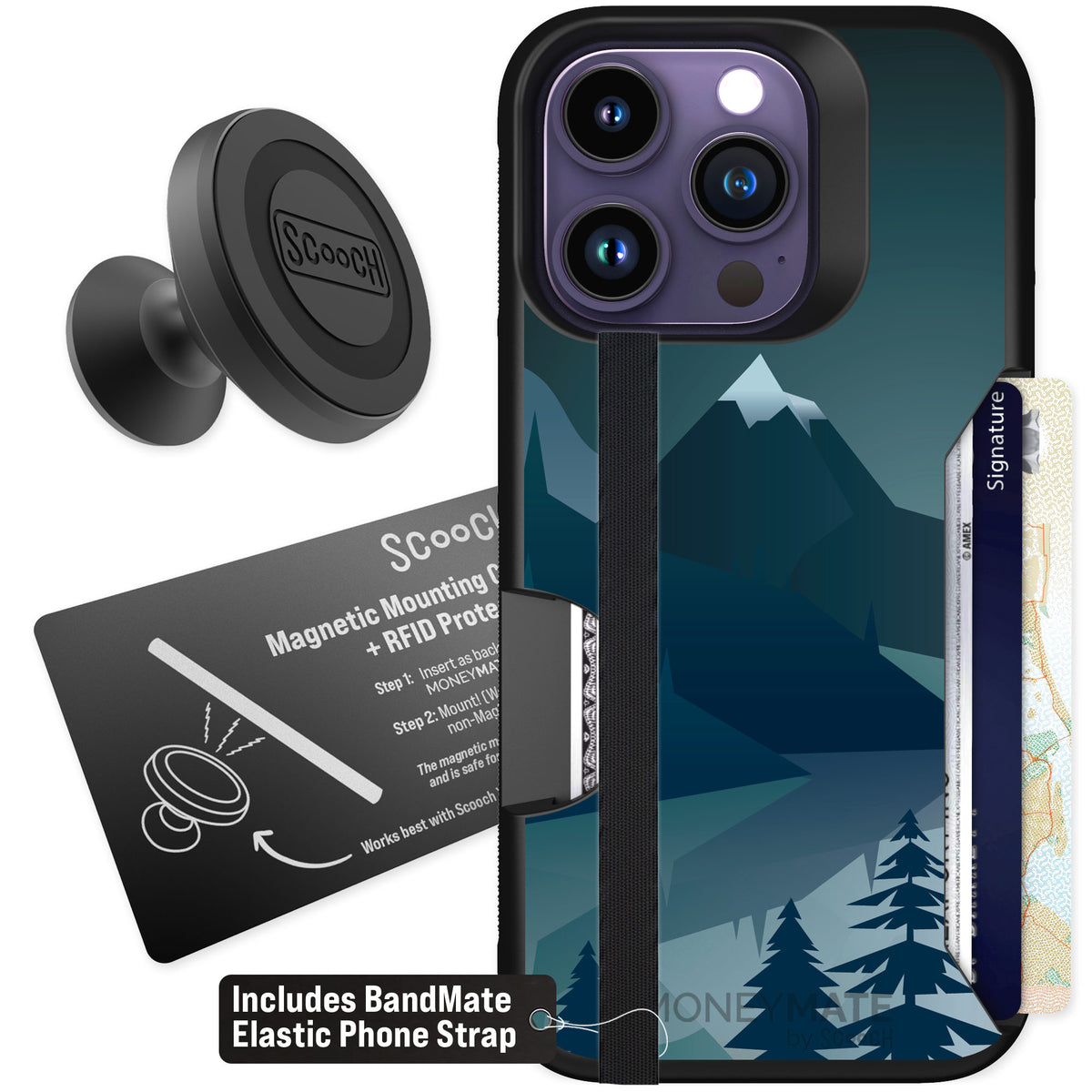 Scooch Moneymate Midnight Ridge for iPhone 14 Pro — Starter Bundle