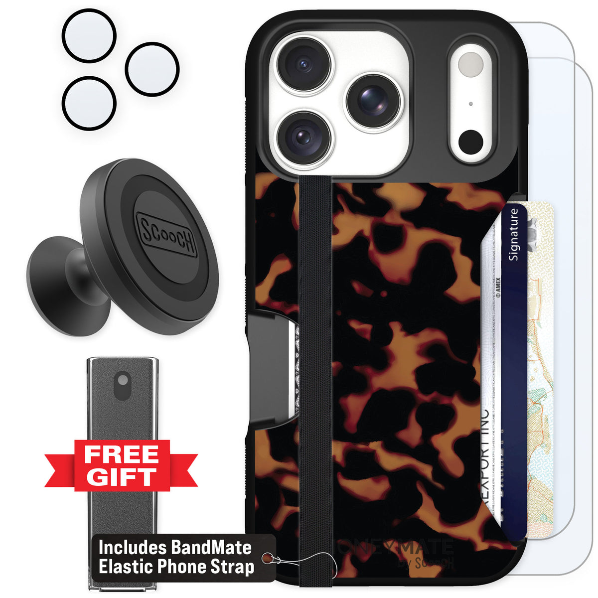 Scooch Moneymate Tortoise Shell for iPhone 18 Pro — Defender Bundle