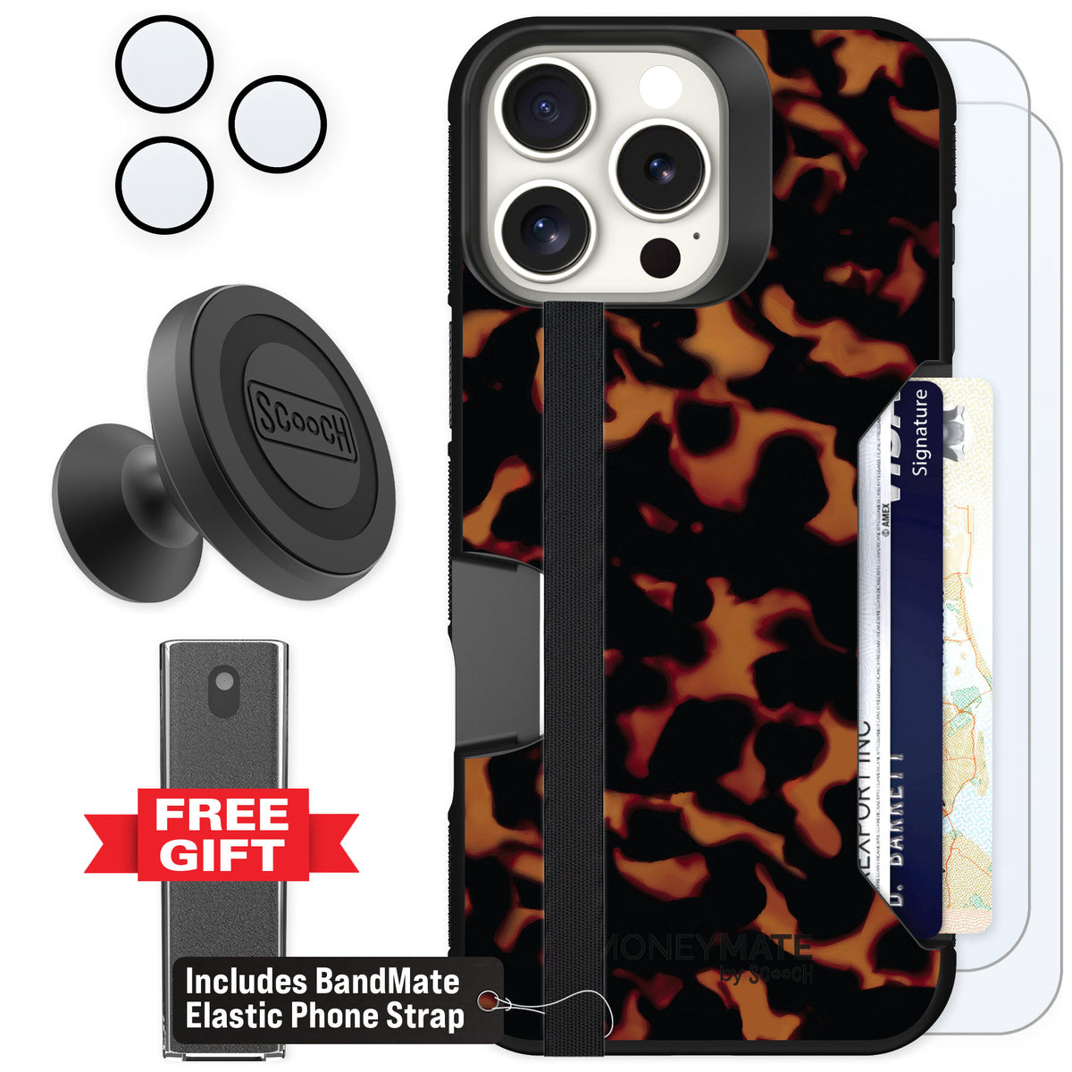 Scooch Moneymate Tortoise Shell for iPhone 16 Pro Max — Defender Bundle