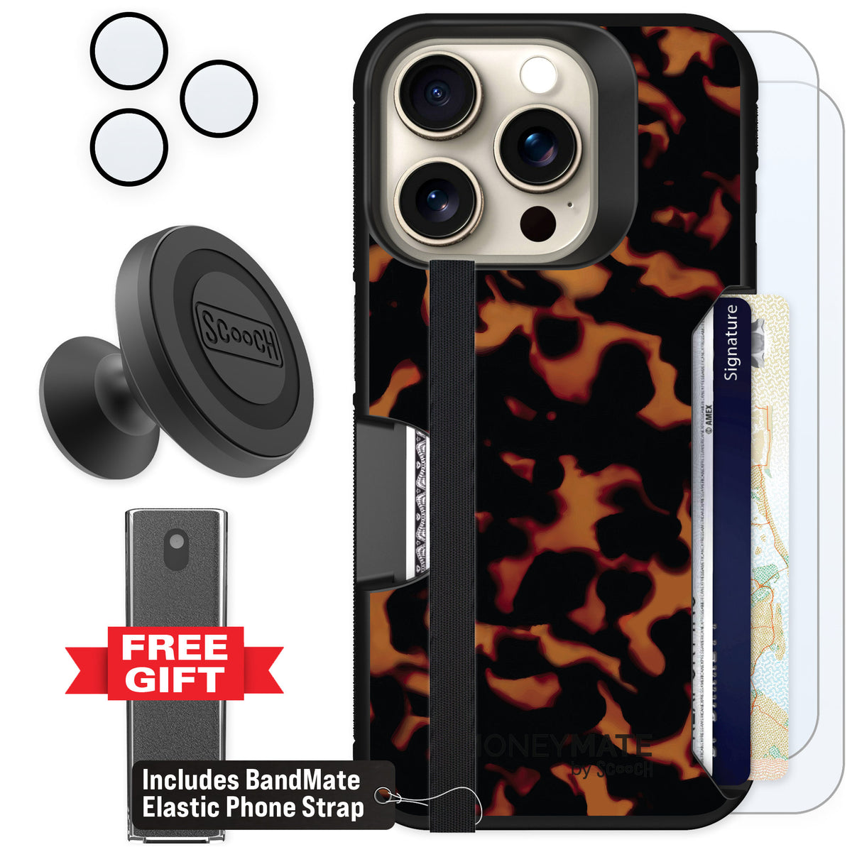 Scooch Moneymate Tortoise Shell for iPhone 15 Pro — Defender Bundle