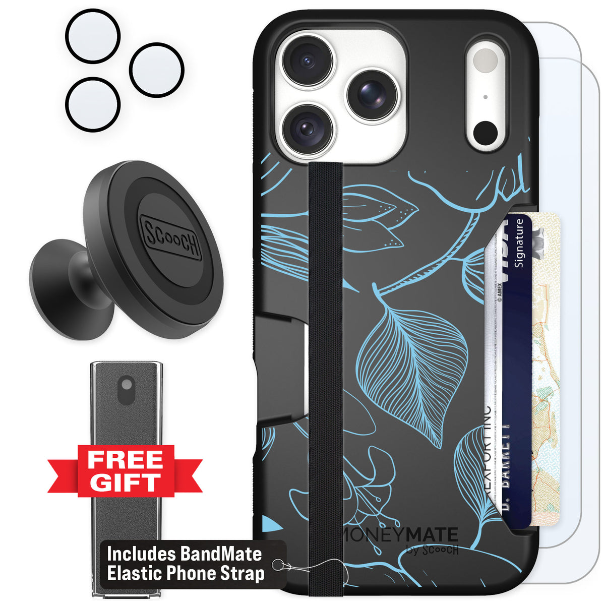 Scooch Moneymate Blue Hibiscus for iPhone 18 Pro Max — Defender Bundle