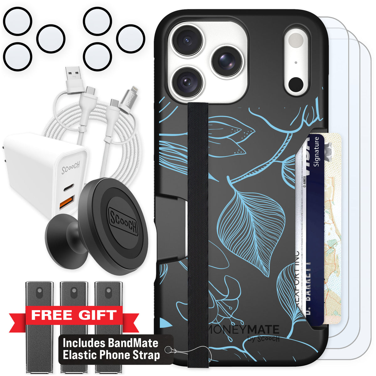 Scooch Moneymate Blue Hibiscus for iPhone 18 Pro Max — Ultimate Bundle
