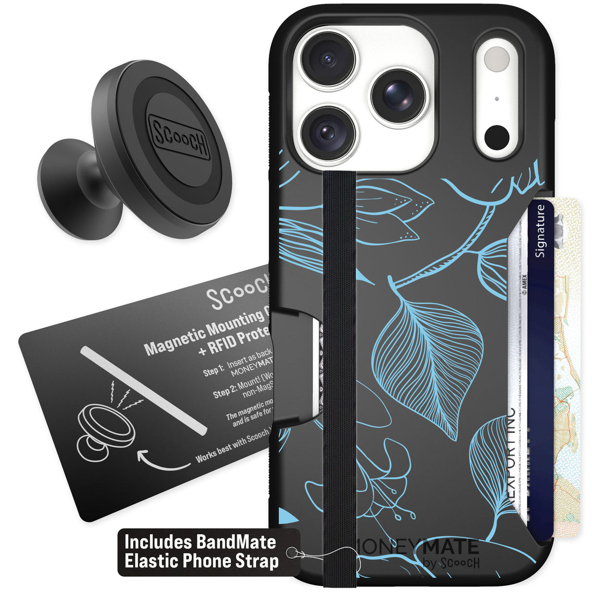 Scooch Moneymate Blue Hibiscus for iPhone 18 Pro — Starter Bundle