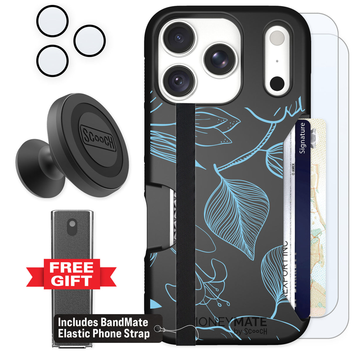 Scooch Moneymate Blue Hibiscus for iPhone 18 Pro — Defender Bundle