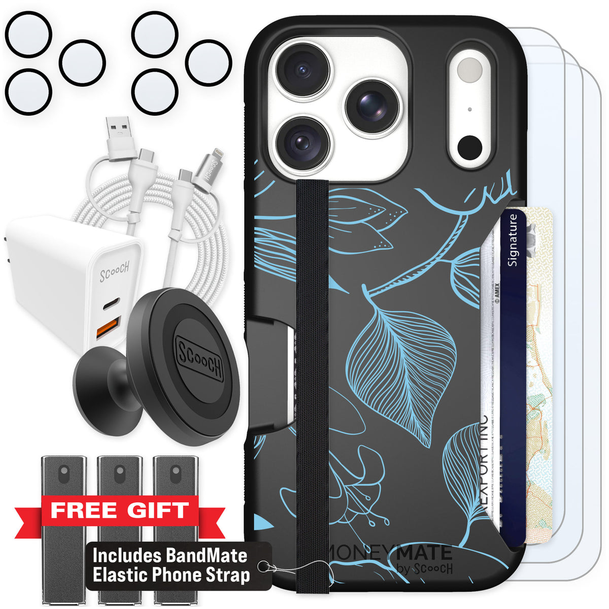 Scooch Moneymate Blue Hibiscus for iPhone 18 Pro — Ultimate Bundle