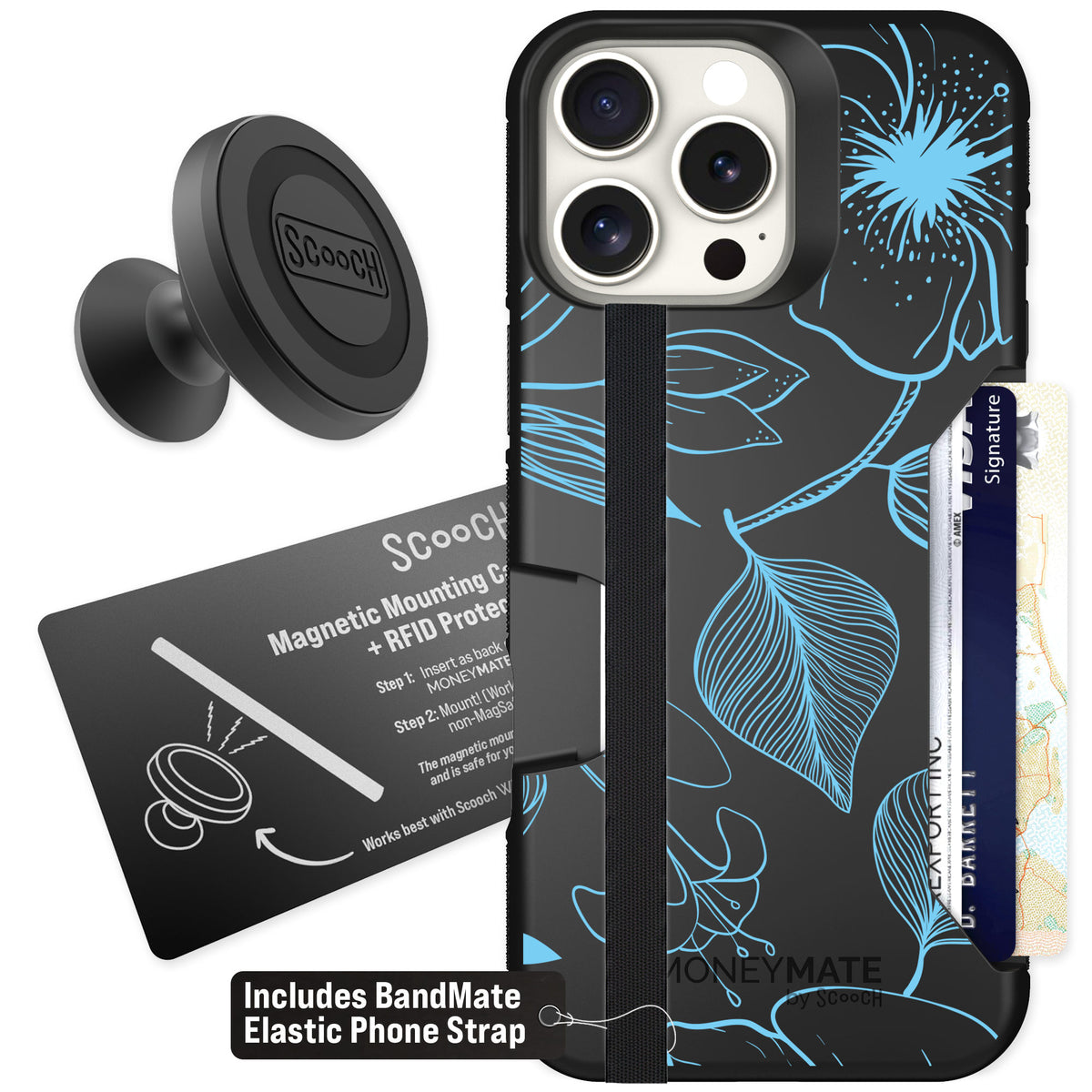 Scooch Moneymate Blue Hibiscus for iPhone 16 Pro Max — Starter Bundle