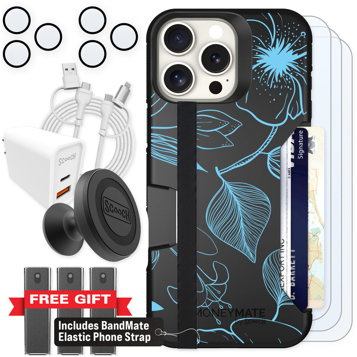 Scooch Moneymate Blue Hibiscus for iPhone 16 Pro Max — Ultimate Bundle