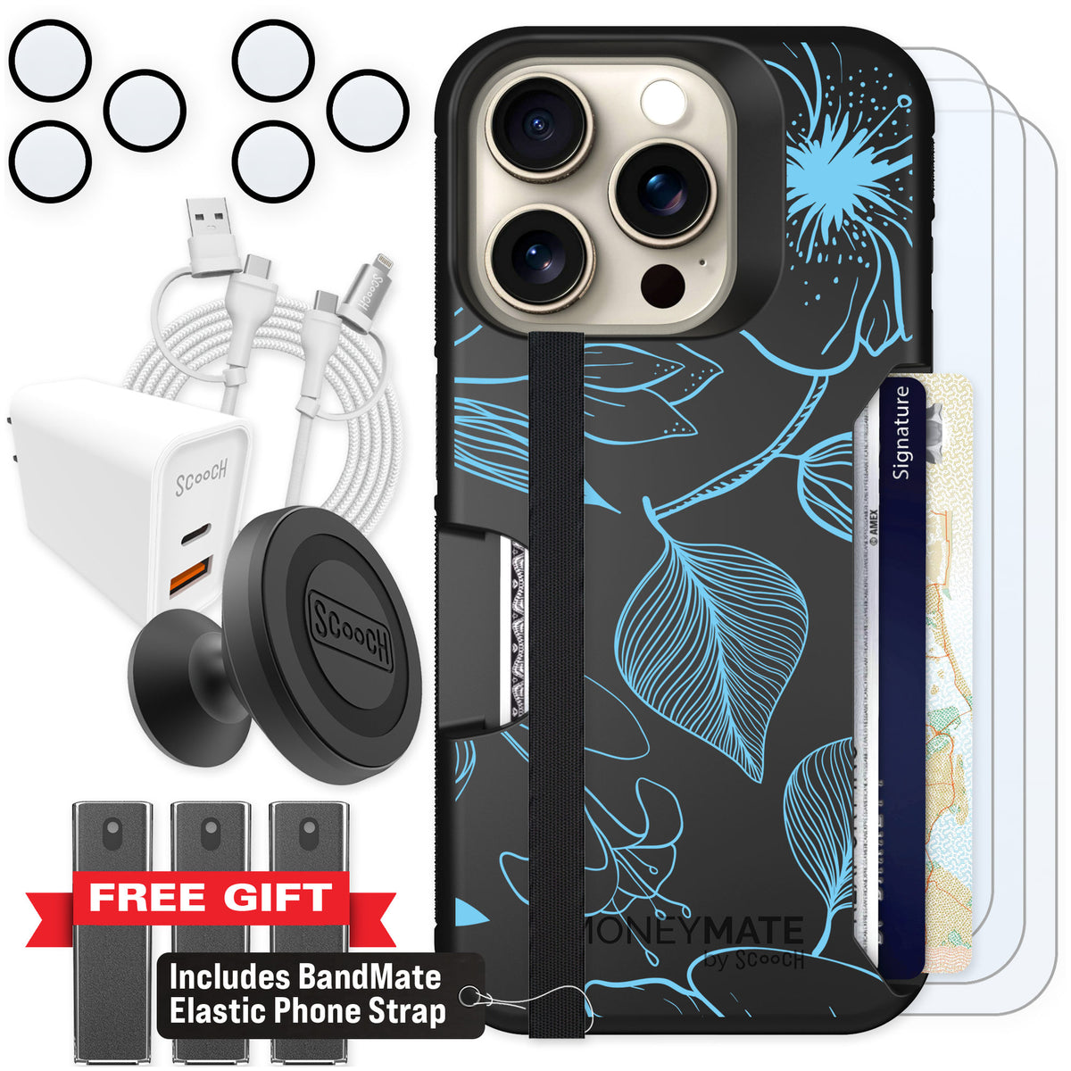 Scooch Moneymate Blue Hibiscus for iPhone 15 Pro — Ultimate Bundle