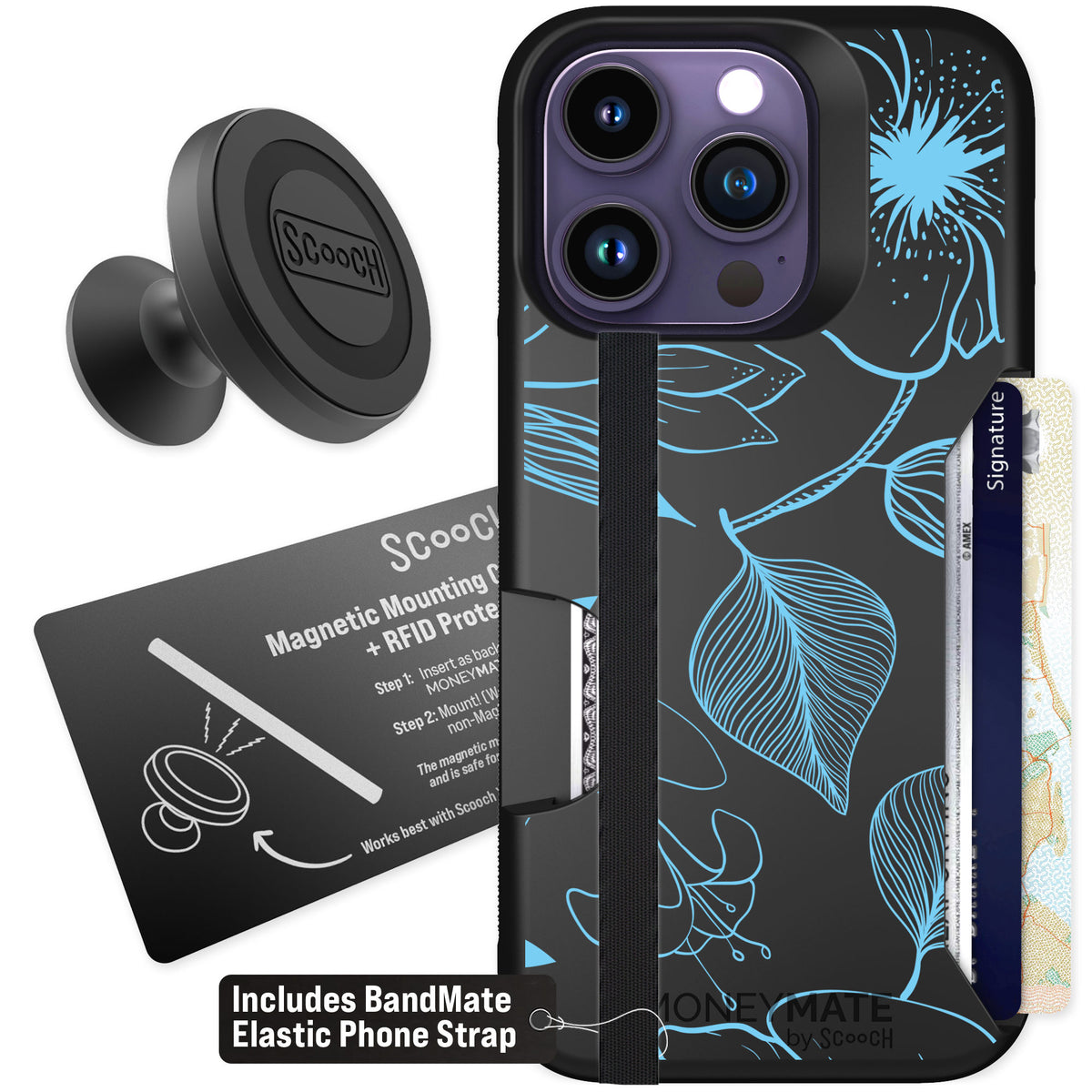 Scooch Moneymate Blue Hibiscus for iPhone 14 Pro — Starter Bundle