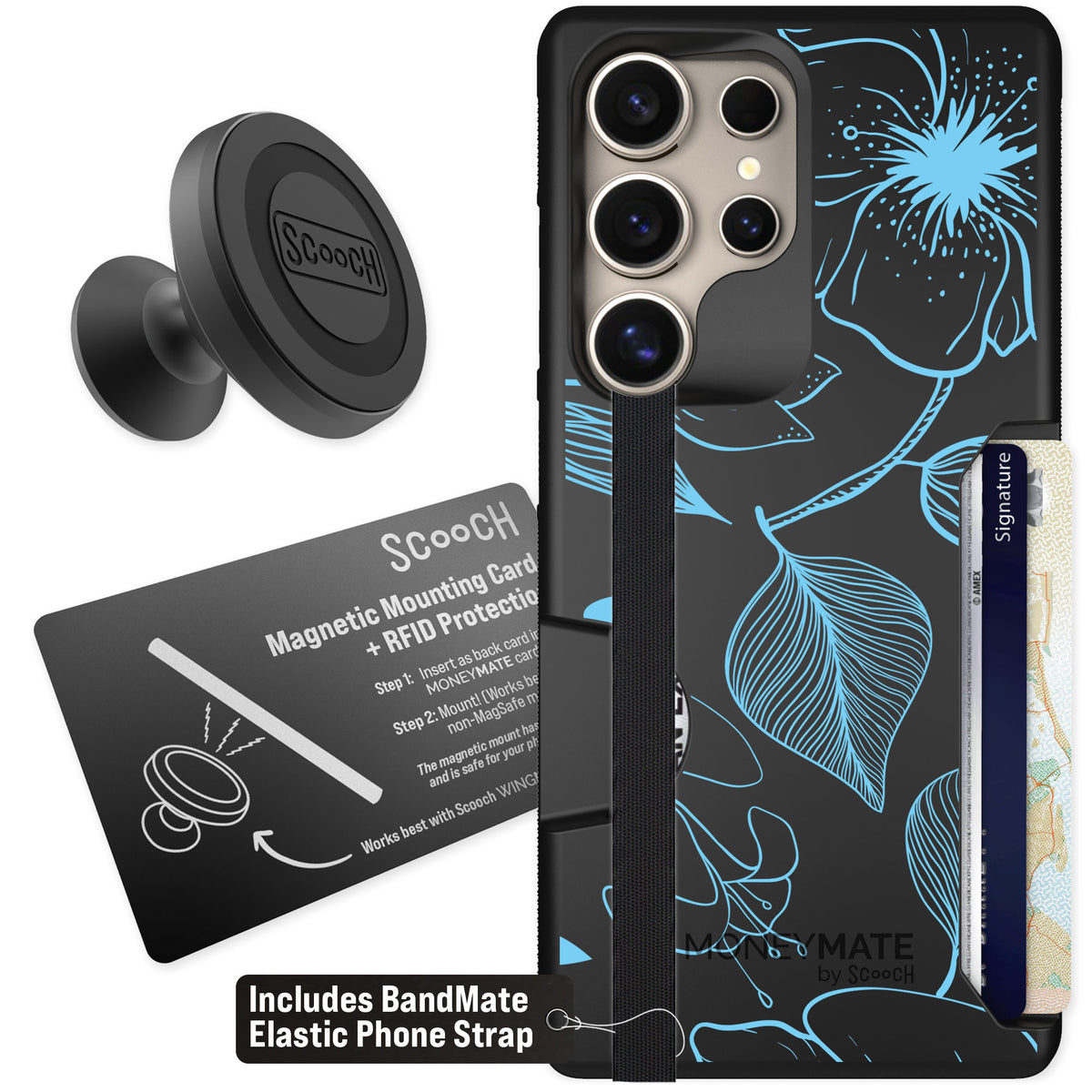 Scooch Moneymate Blue Hibiscus for Galaxy S25 Ultra — Starter Bundle
