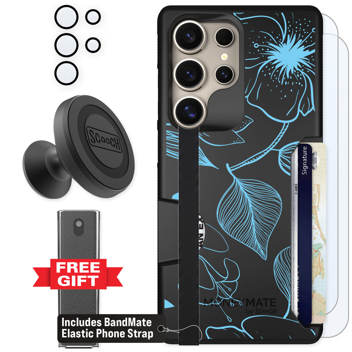 Scooch Moneymate Blue Hibiscus for Galaxy S25 Ultra — Defender Bundle