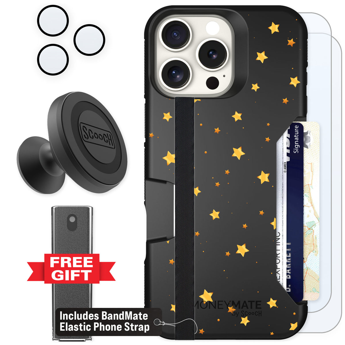 Scooch Moneymate Gold Stars for iPhone 16 Pro Max — Defender Bundle