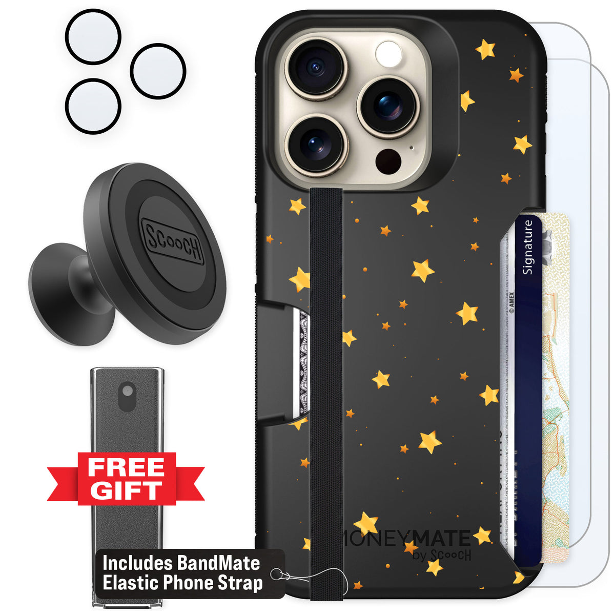 Scooch Moneymate Gold Stars for iPhone 15 Pro — Defender Bundle