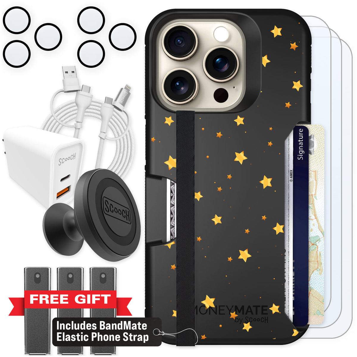 Scooch Moneymate Gold Stars for iPhone 15 Pro — Ultimate Bundle