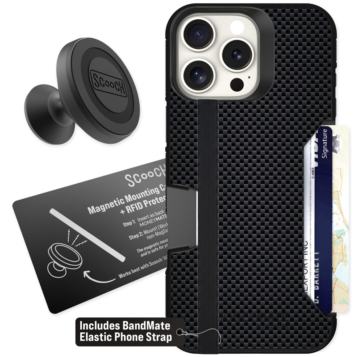 Scooch Moneymate Carbon Fiber for iPhone 16 Pro Max — Starter Bundle