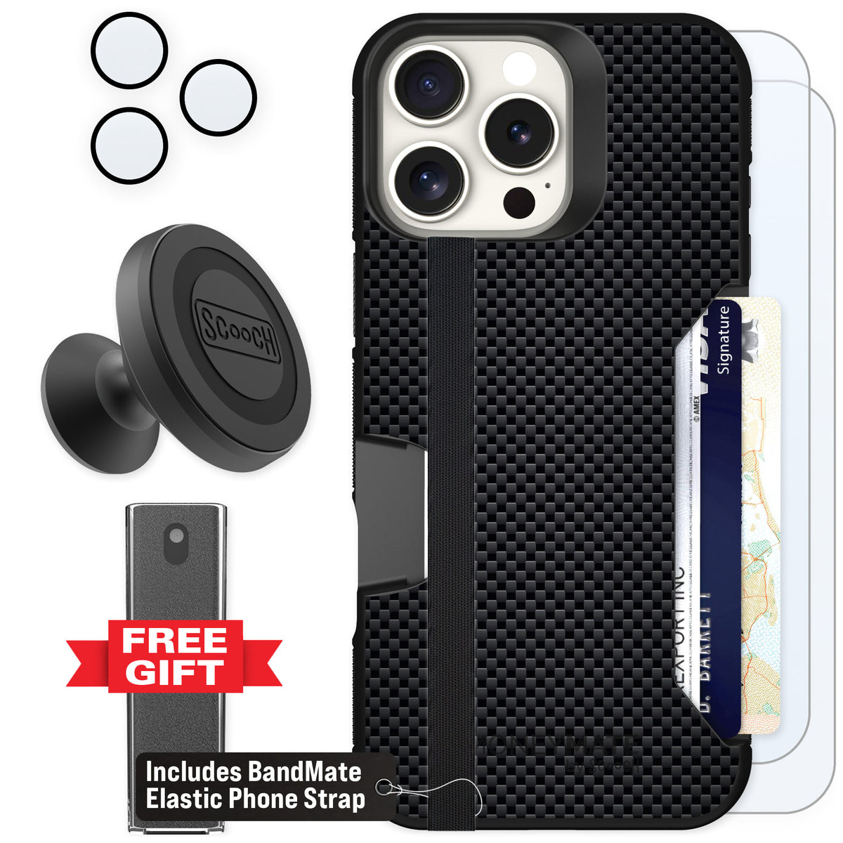 Scooch Moneymate Carbon Fiber for iPhone 16 Pro Max — Defender Bundle