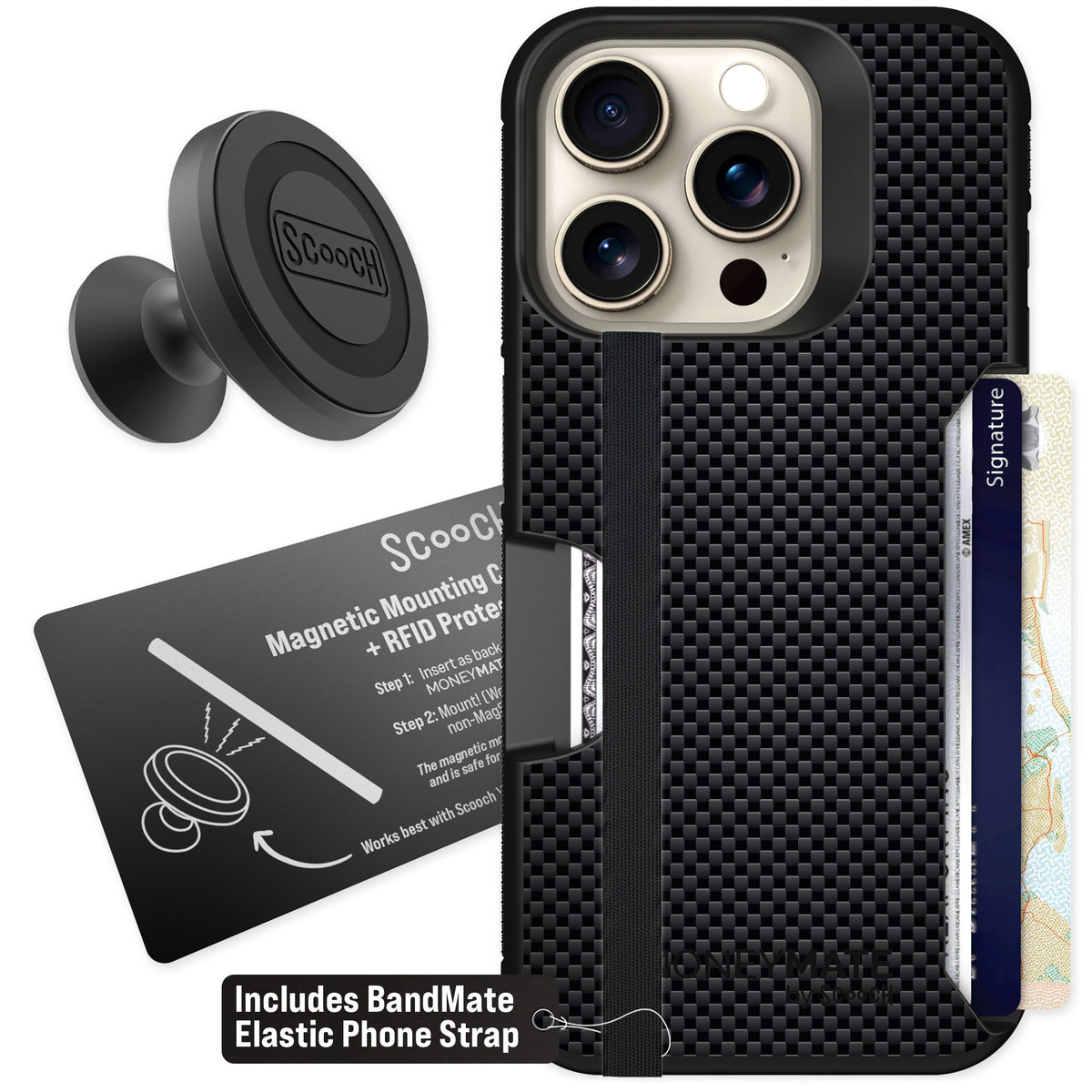 Scooch Moneymate Carbon Fiber for iPhone 15 Pro — Starter Bundle