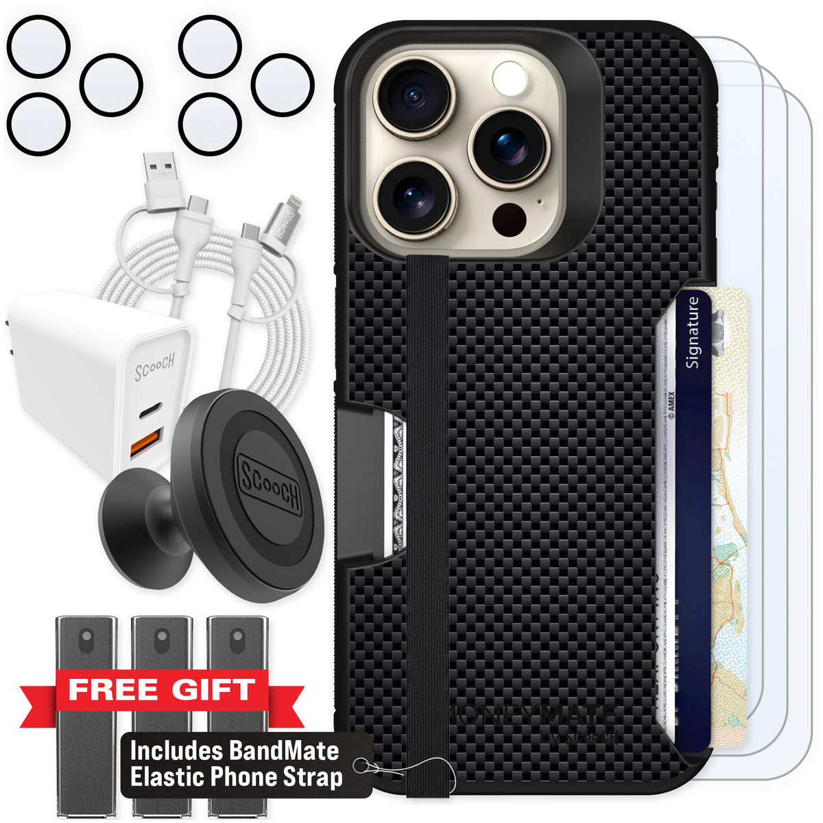 Scooch Moneymate Carbon Fiber for iPhone 15 Pro — Ultimate Bundle