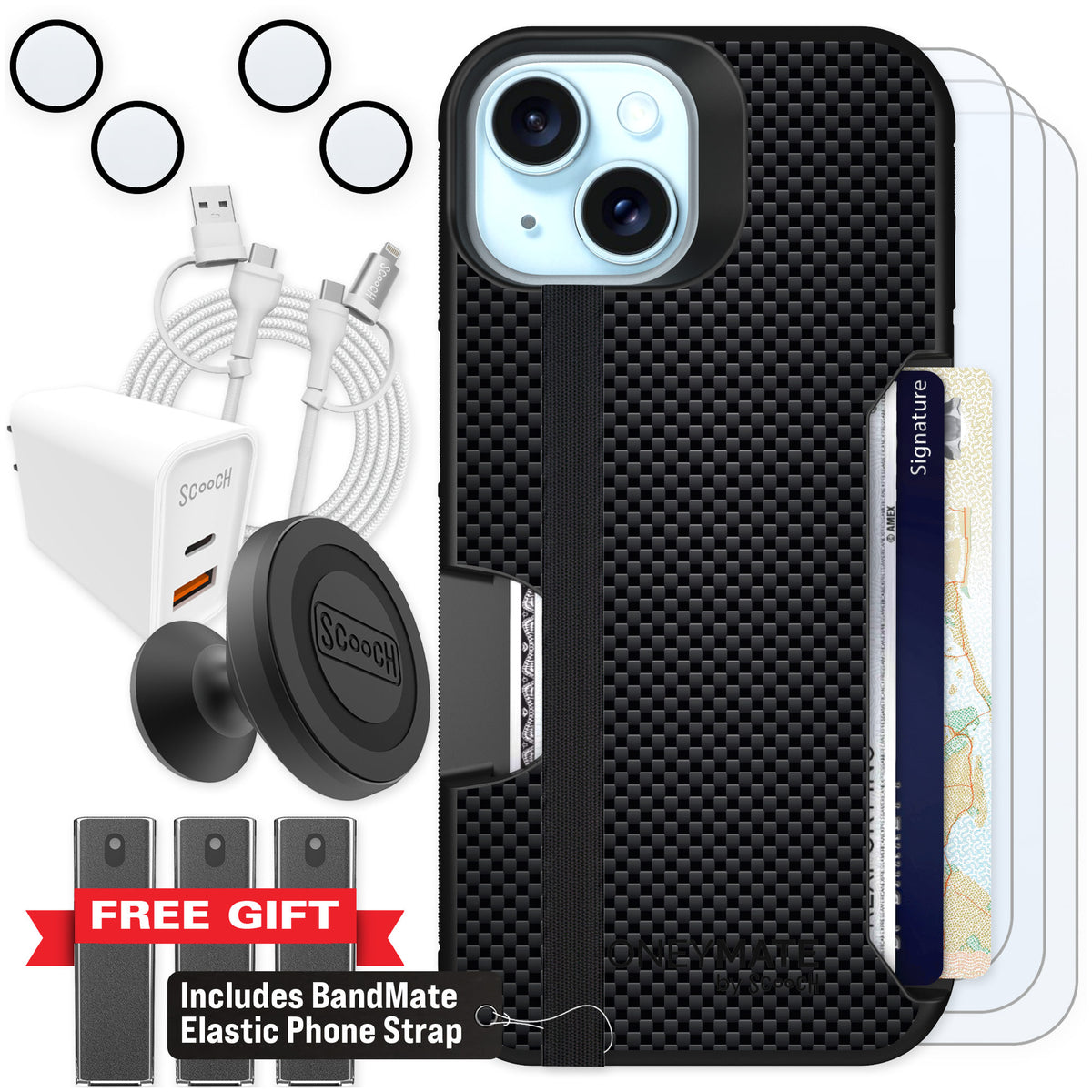 Scooch Moneymate Carbon Fiber for iPhone 15 — Ultimate Bundle