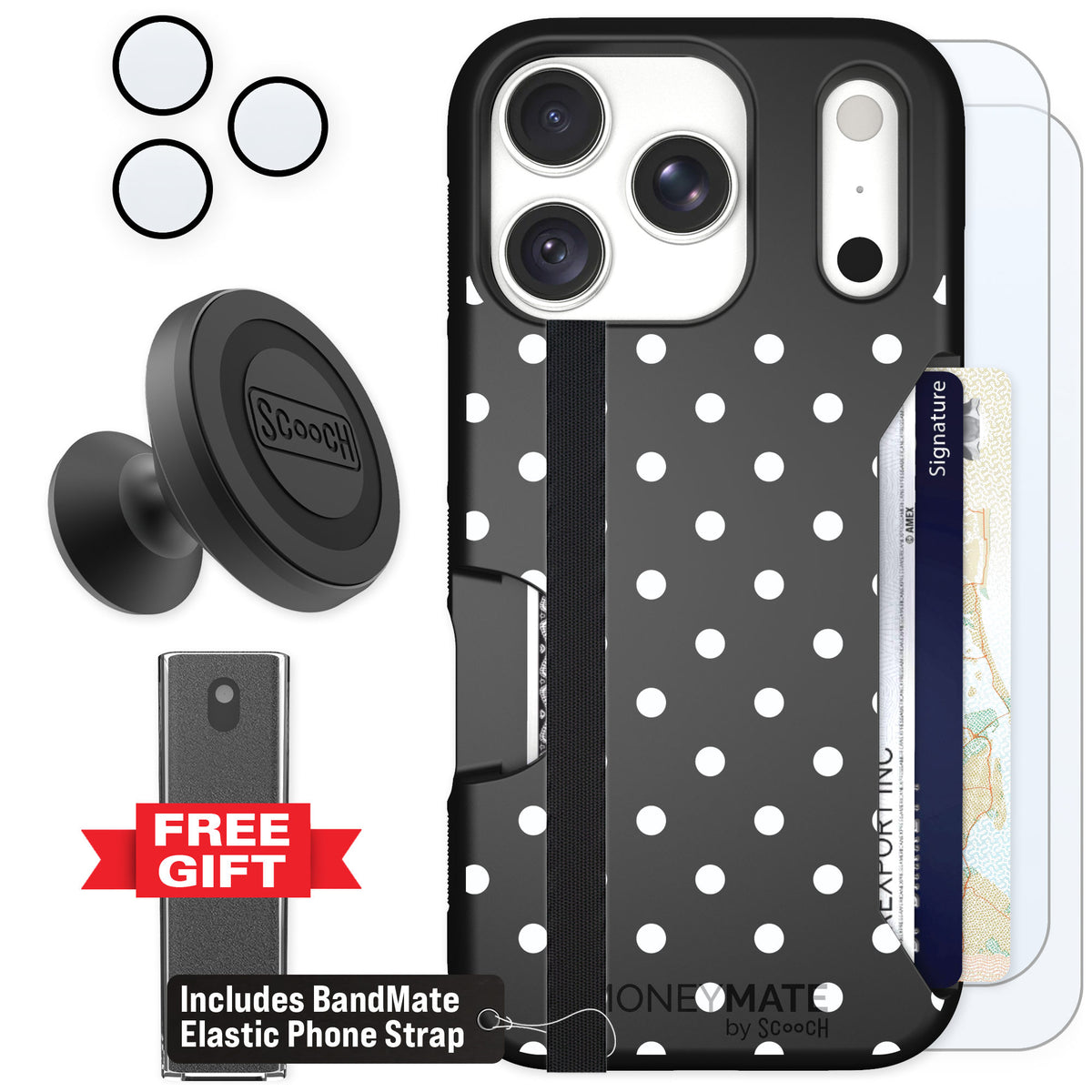 Scooch Moneymate Polka Dots for iPhone 18 Pro — Defender Bundle
