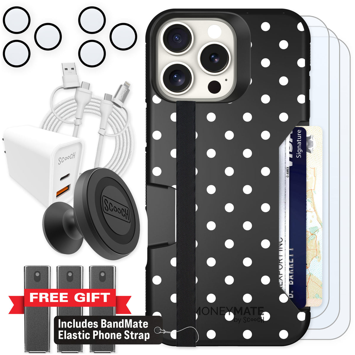 Scooch Moneymate Polka Dots for iPhone 16 Pro Max — Ultimate Bundle