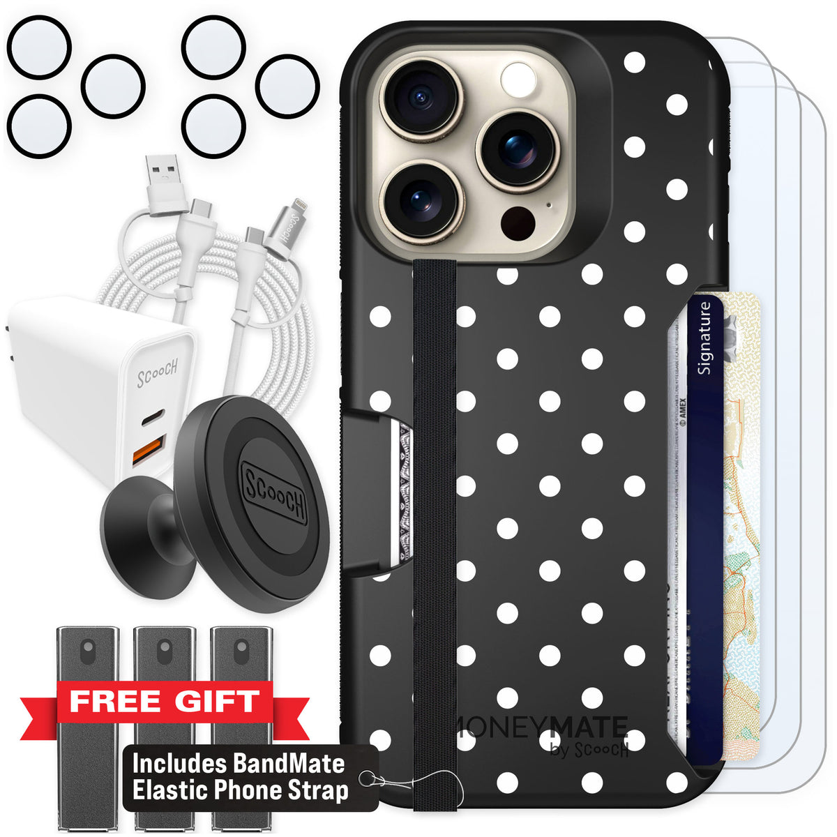 Scooch Moneymate Polka Dots for iPhone 15 Pro — Ultimate Bundle