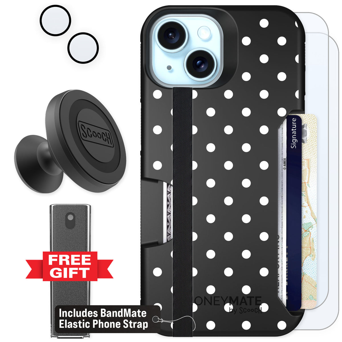 Scooch Moneymate Polka Dots for iPhone 15 — Defender Bundle