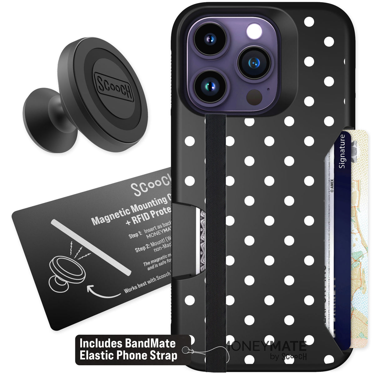 Scooch Moneymate Polka Dots for iPhone 14 Pro — Starter Bundle