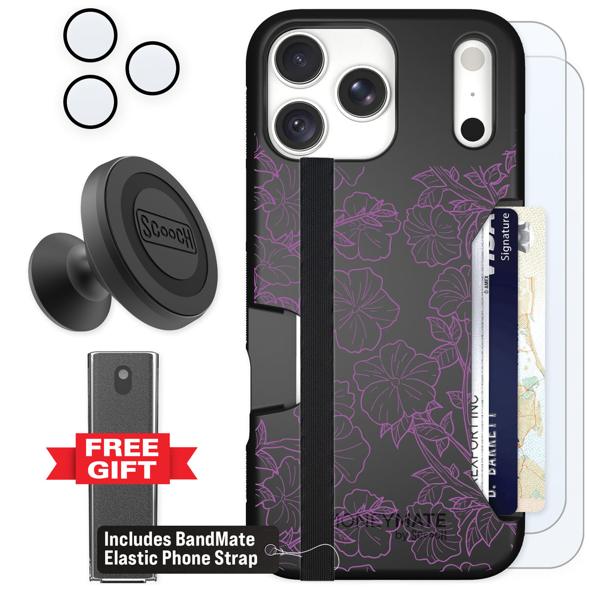Scooch Moneymate Purple Petunias for iPhone 18 Pro Max — Defender Bundle