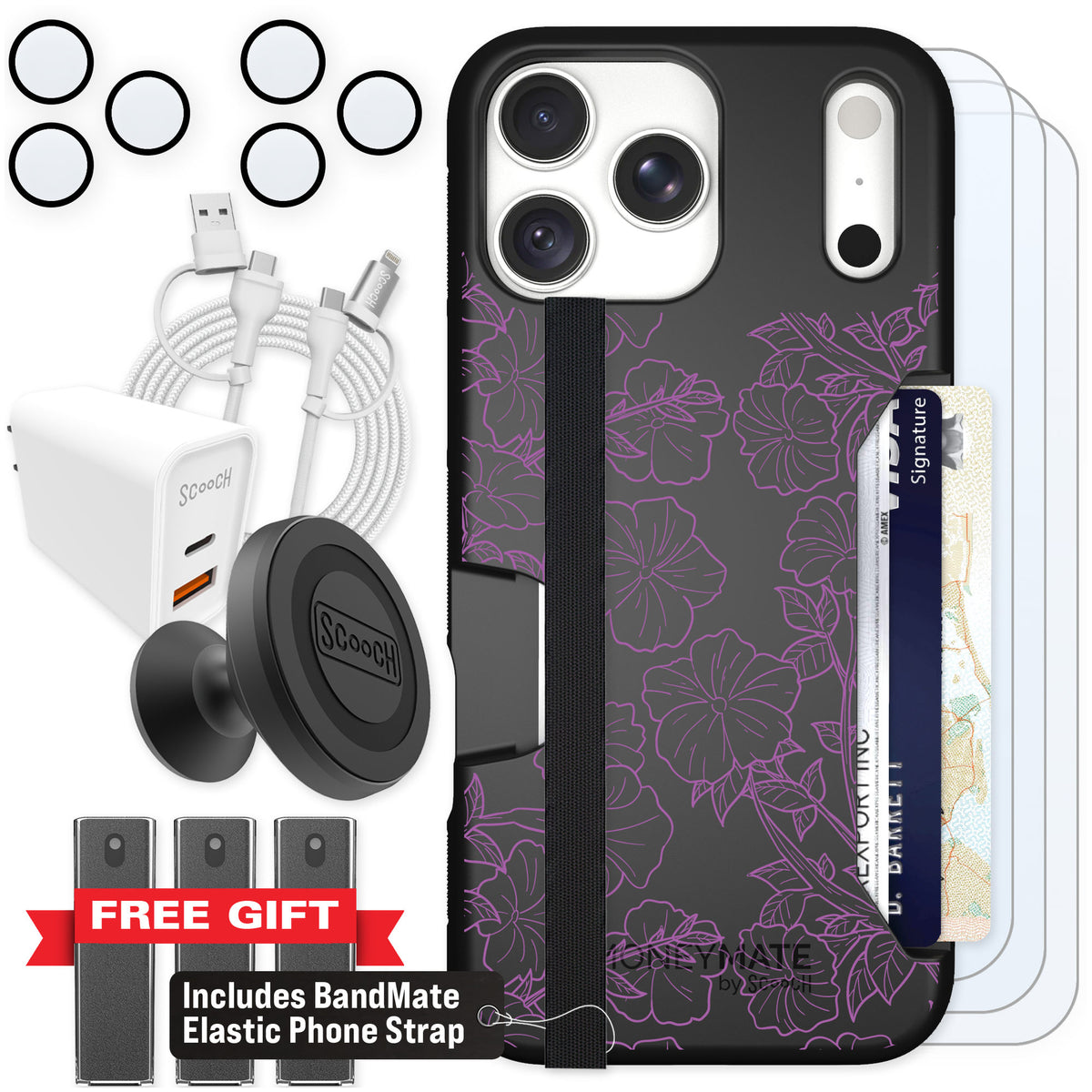 Scooch Moneymate Purple Petunias for iPhone 18 Pro Max — Ultimate Bundle
