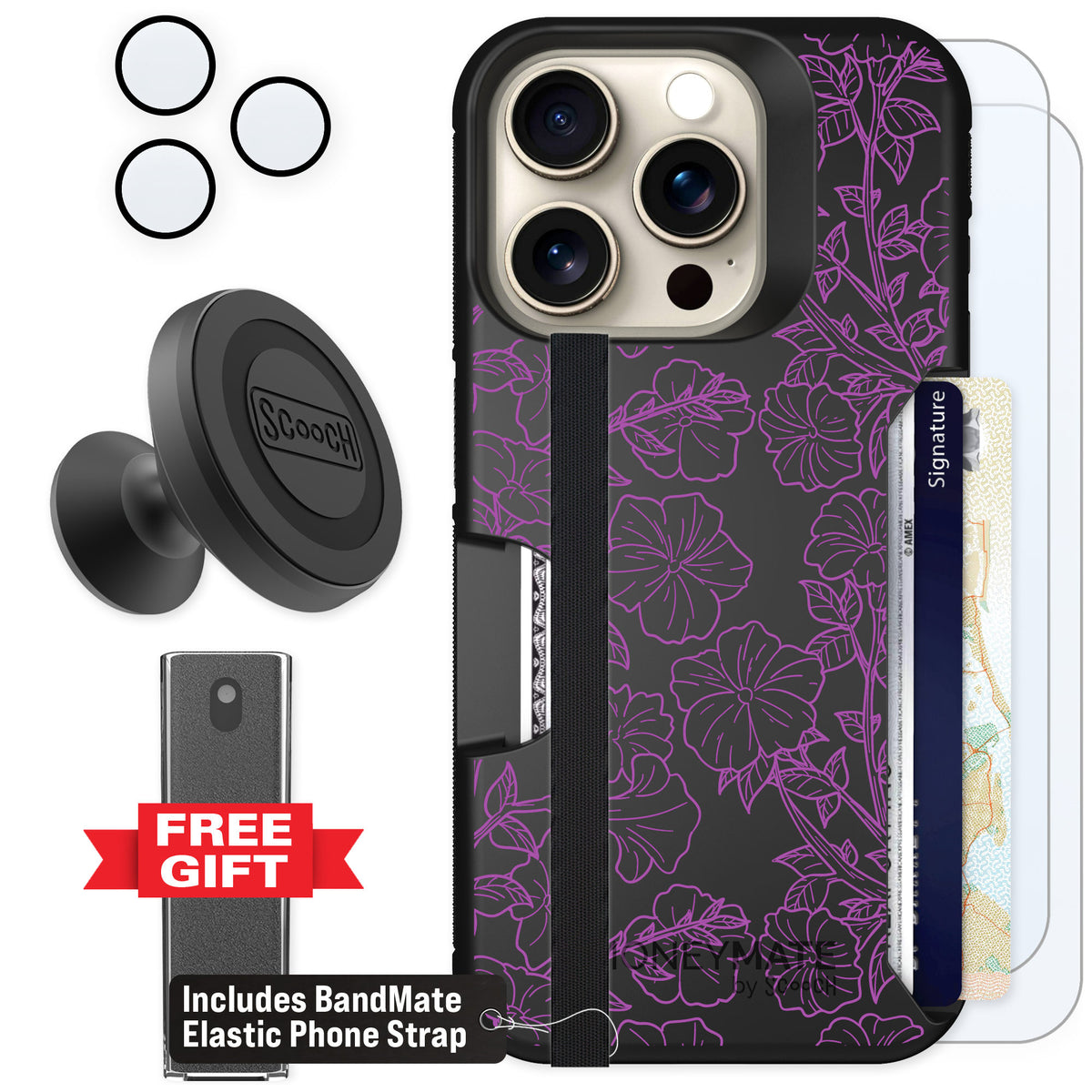 Scooch Moneymate Purple Petunias for iPhone 15 Pro — Defender Bundle