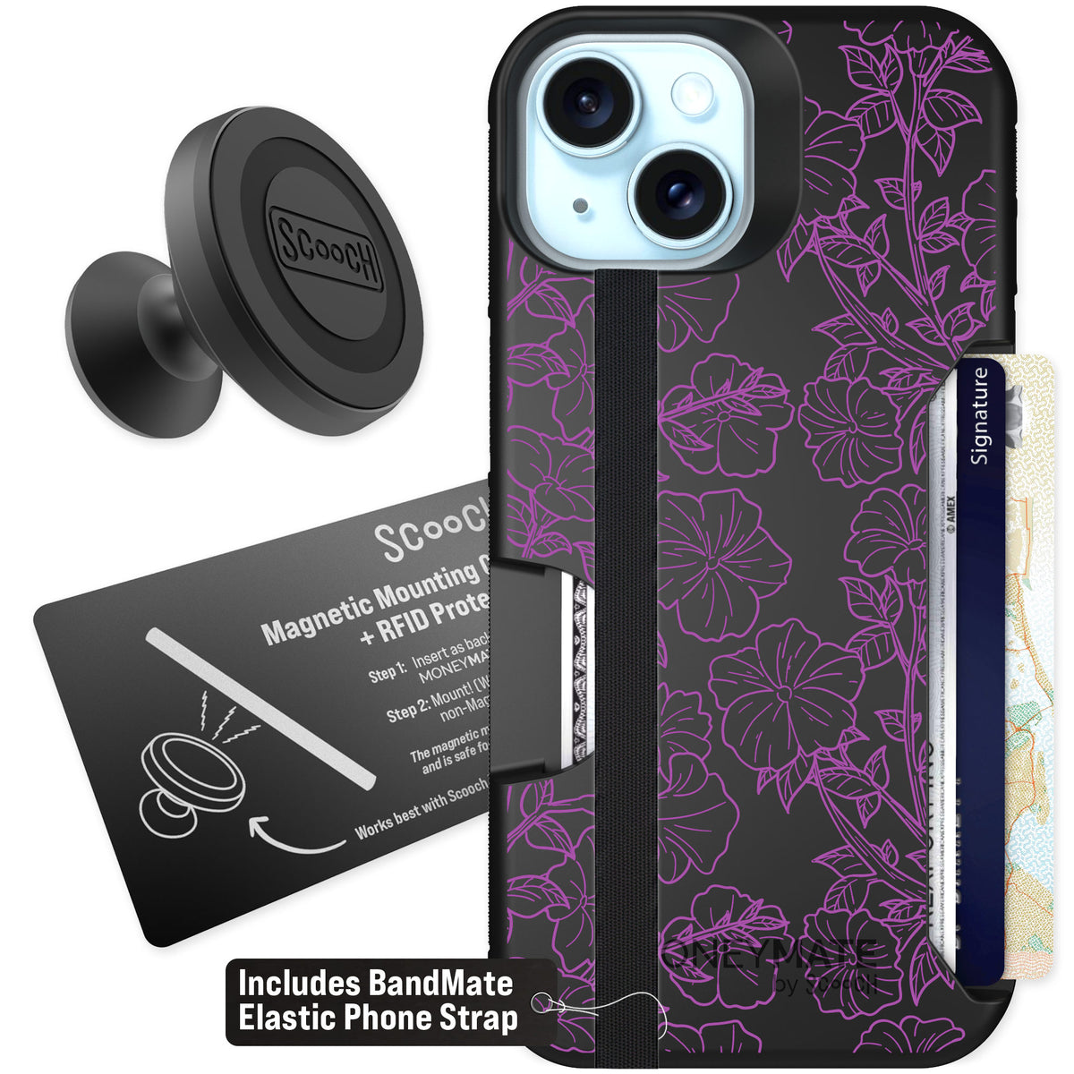 Scooch Moneymate Purple Petunias for iPhone 15 — Starter Bundle