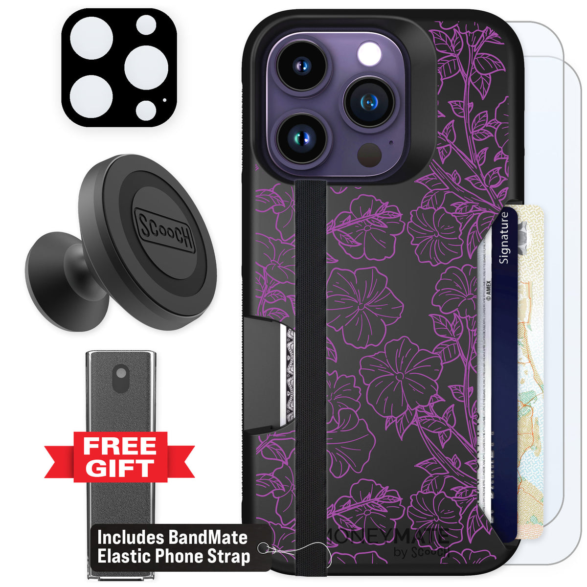 Scooch Moneymate Purple Petunias for iPhone 14 Pro — Defender Bundle